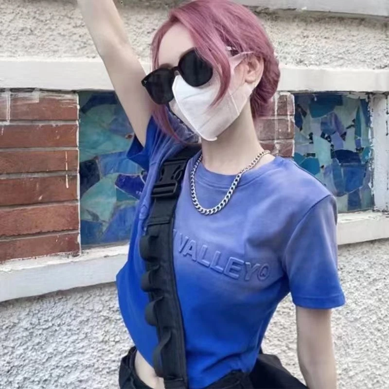 【洗水做旧】夏季纯棉美式ins扎染渐变短袖设计感钢印潮牌T恤女