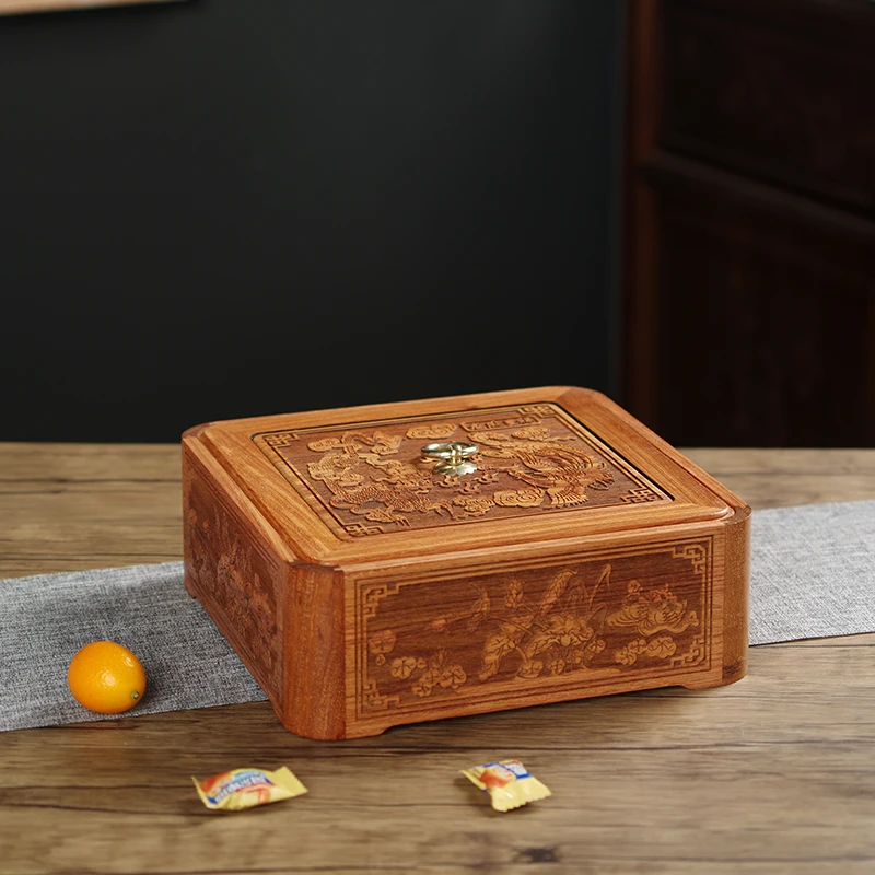 缅甸花梨龙凤呈祥雕花果盒四格干果盒