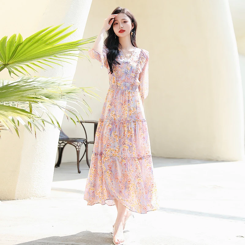 法式雪纺连衣裙女夏款2025新款海边度假显瘦收腰长款气质碎花长裙