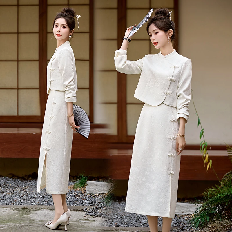 复古中国风旗袍套装2025新款春秋气质修身新中式提花长款两件套裙