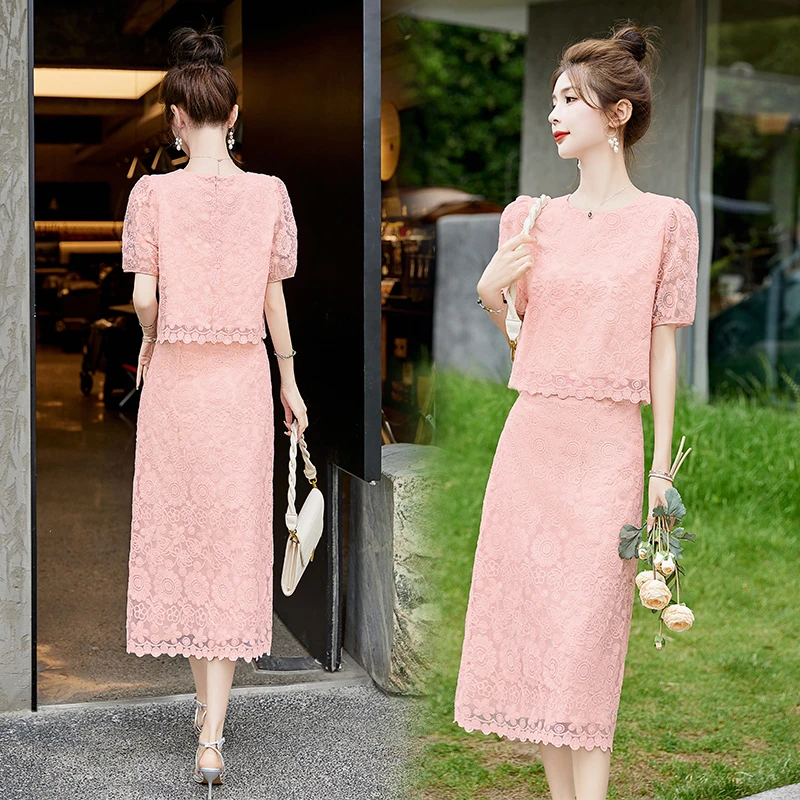 2025新款夏季时尚气质洋气蕾丝连衣裙女优雅减龄长款一步裙子套装