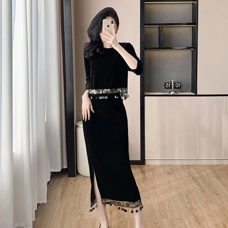 秋冬季新款时尚亮片拼接流苏高级感女装气质遮肉丝绒半身裙两件套