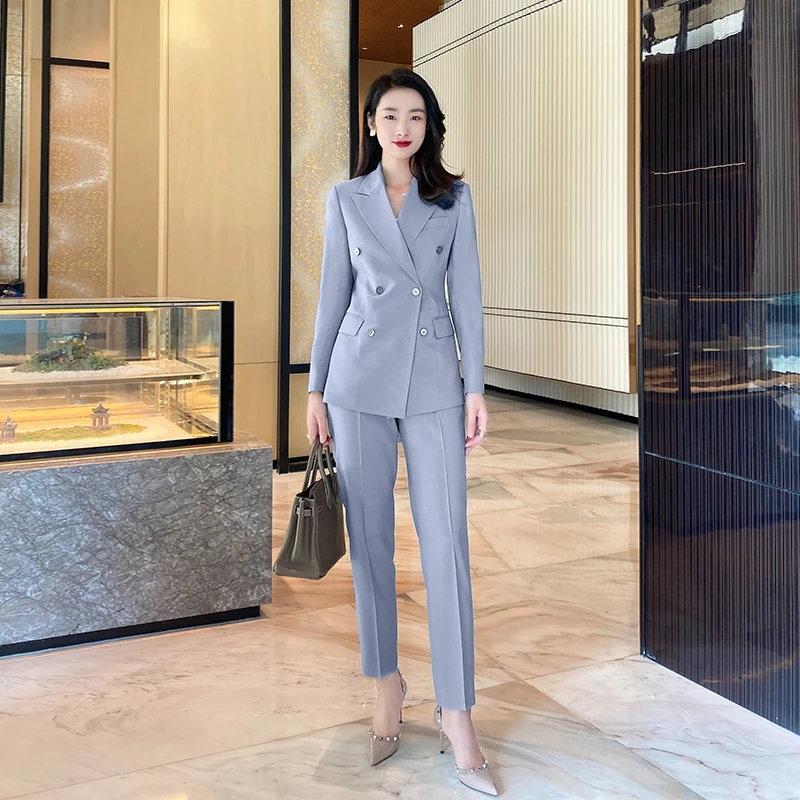 秋款省心穿搭经典烟灰色双排扣西装修身显瘦小脚裤职业装团队装