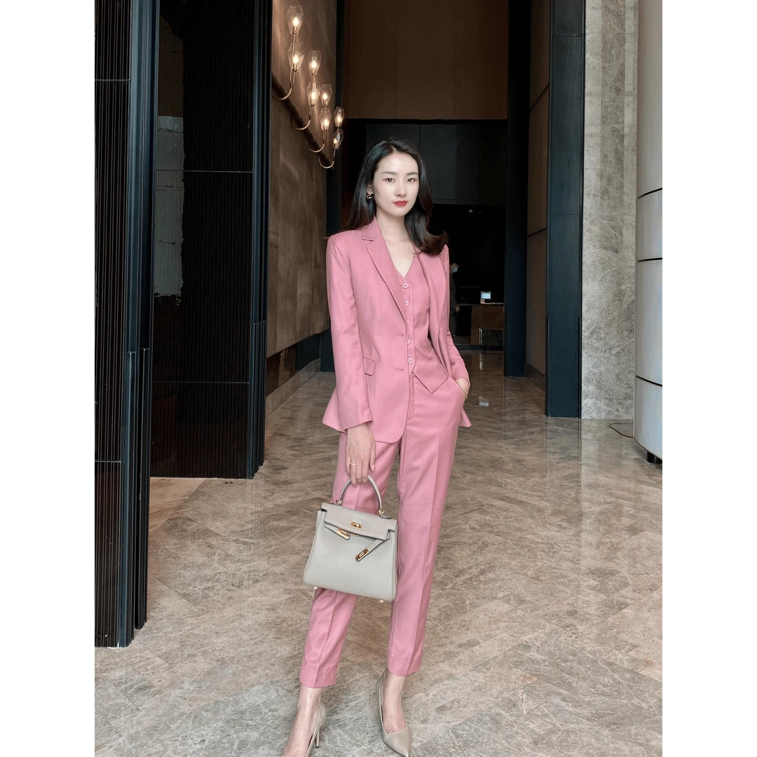 2025春秋款高档西装套装干枯玫瑰粉夏季显瘦马甲三件套休闲女神范