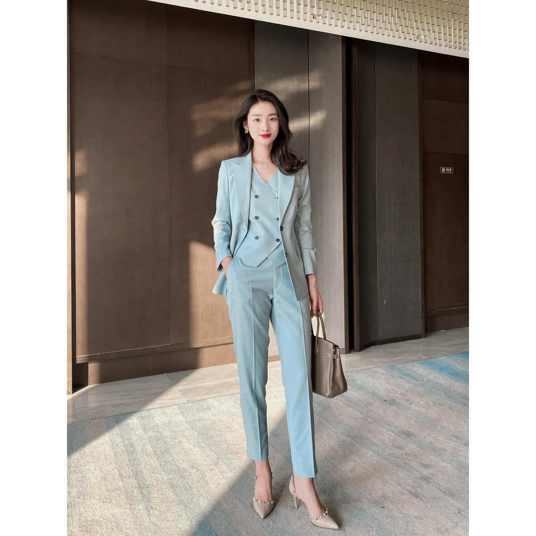 HuFuRen春秋款青瓷蓝女韩版小西装三件太套修身气质马甲小脚裤女