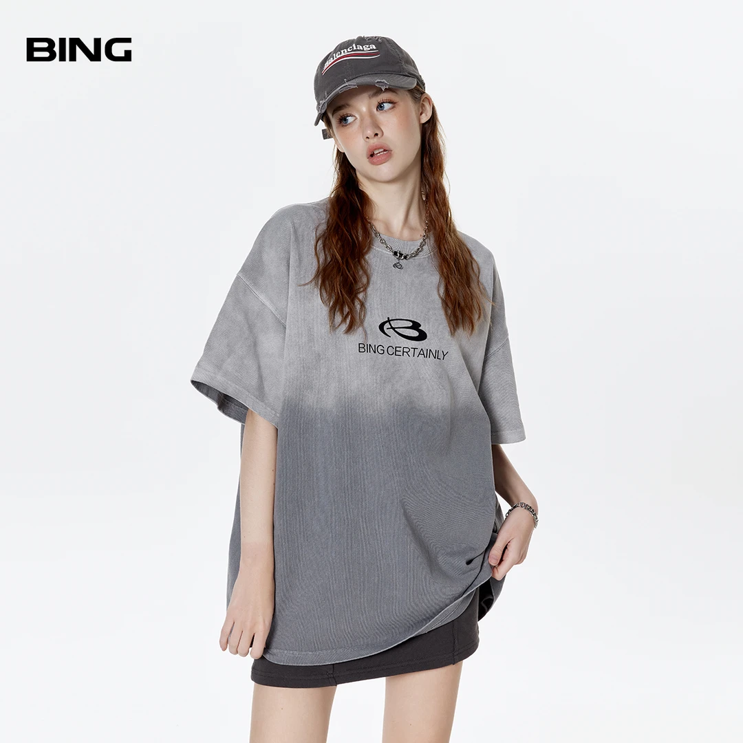 BING渐变水洗做旧280g重磅短袖t恤男女半袖潮牌logo图形植绒体恤