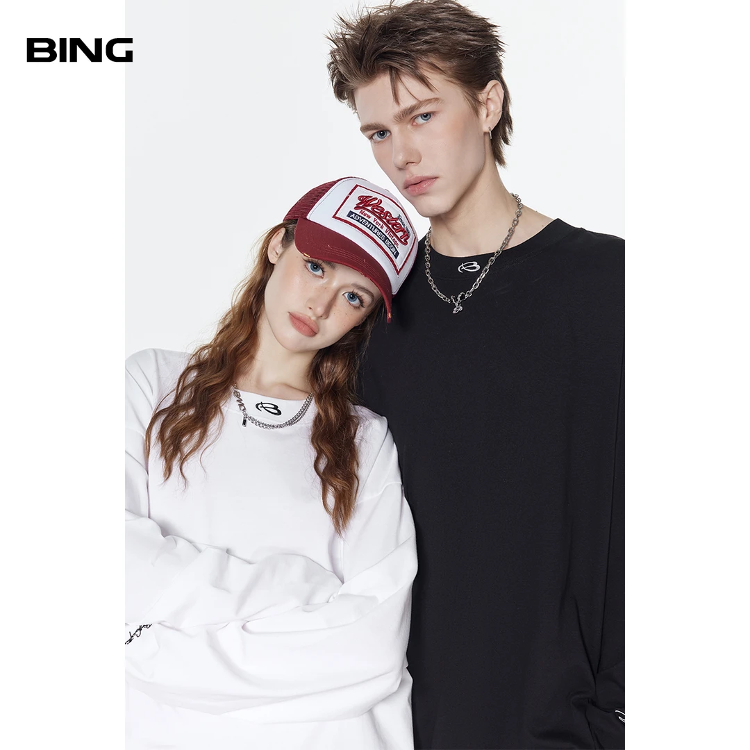 BING纯棉长袖T恤卫衣男女春秋圆领潮牌刺绣打底衫百搭休闲上衣
