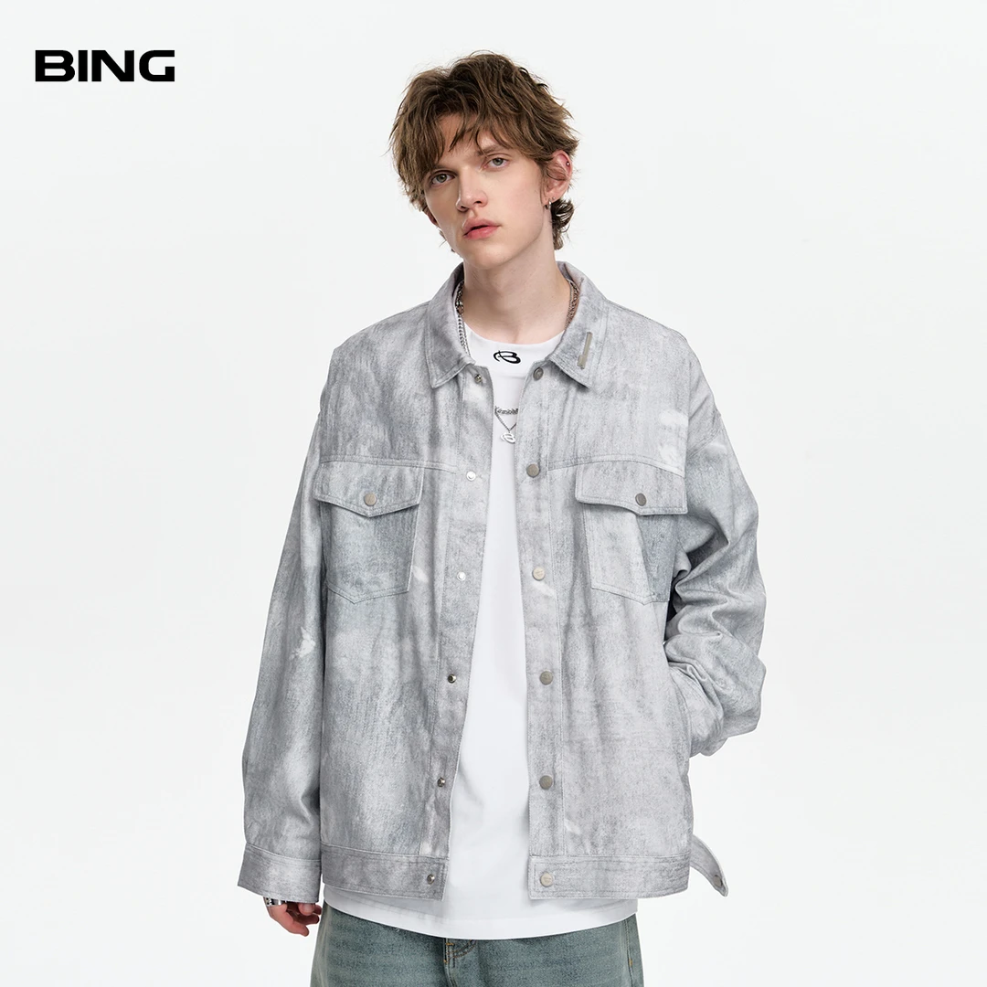 BING 美式复古扎染牛仔外套男2024秋季新款潮牌vintage做旧夹克衫