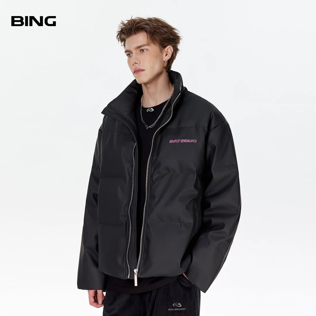 BING雾面哑光90白鸭绒羽绒服男美式潮牌冬季加厚保暖情侣PU皮外套