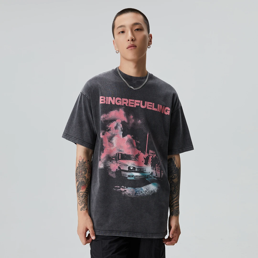 BING水洗做旧重磅t恤短袖男夏季美式街头hiphop潮牌印花休闲半袖