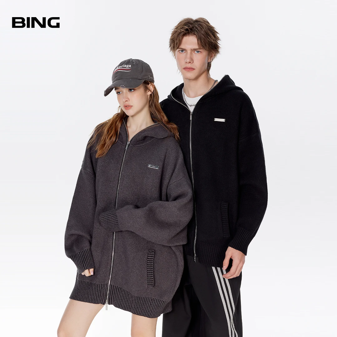 BING慵懒感开衫针织拉链毛衣男女2024新款复古宽松秋冬季连帽外套