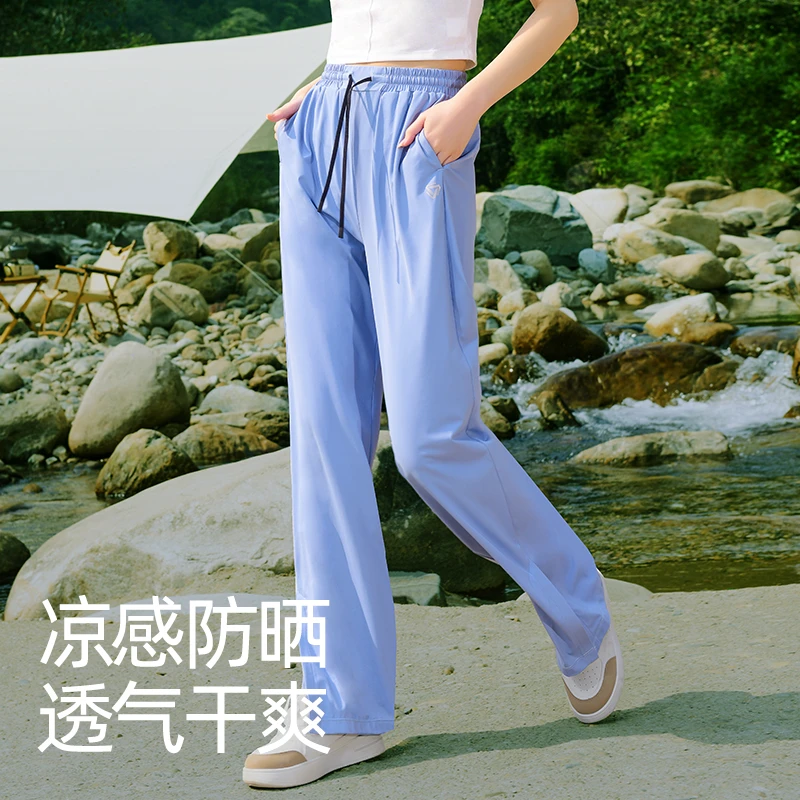 夏季户外下摆开叉高腰运动休闲宽松透气防晒阔腿裤长裤