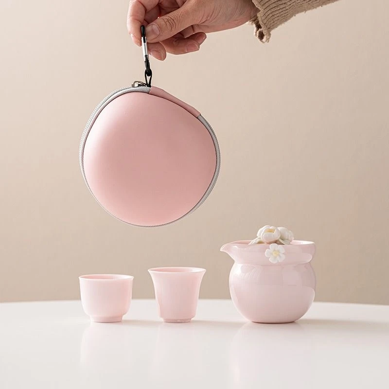 C132便携式捏花旅行茶具小套装户外露营泡茶壶女士粉色快客杯一人