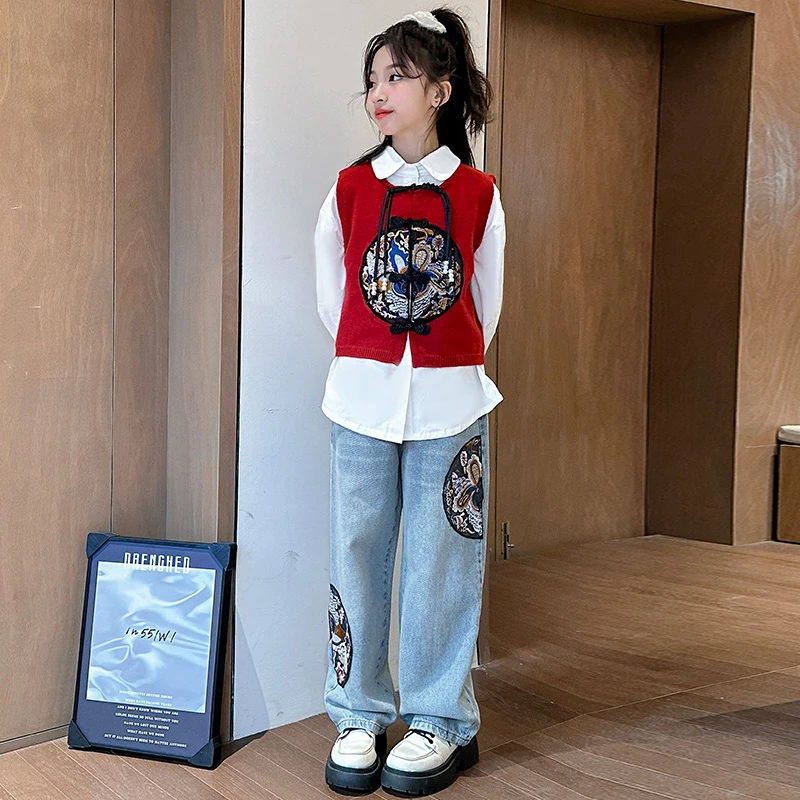 女童国风套装春季2024新款儿童盘扣刺绣针织背心衬衫春秋三件套潮