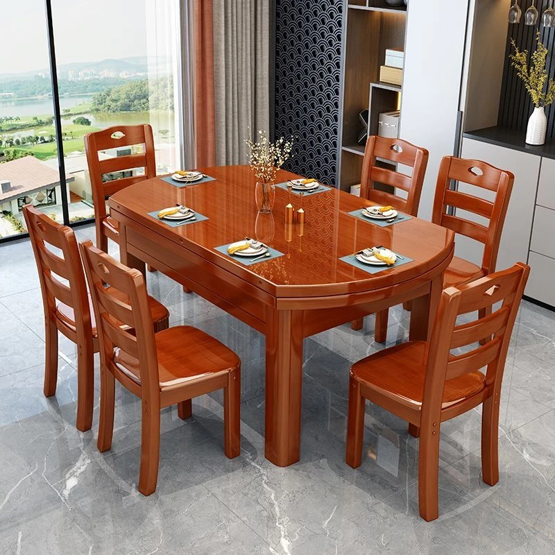 全实木餐桌椅组合中式餐桌家用伸缩折叠方圆两用饭桌家用吃饭桌子