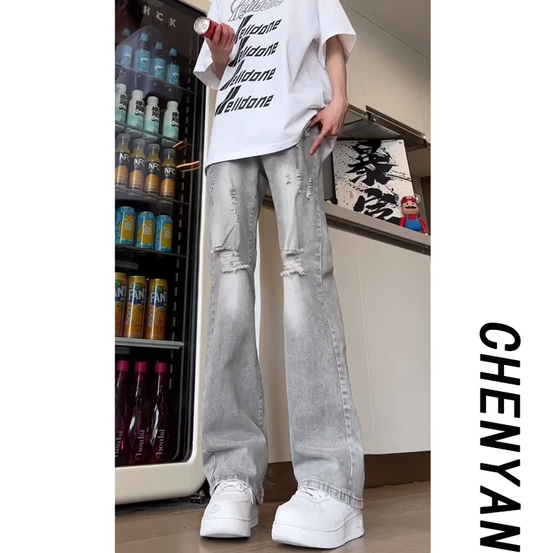 夏季破洞牛仔裤男款韩版休闲直筒显高显瘦宽松美式高街ins潮裤子