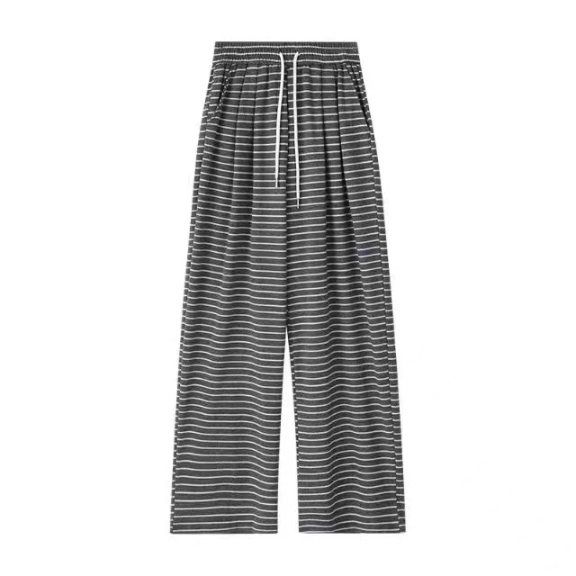 秋冬时尚针织条纹裤拖地裤女直筒裤高腰垂感宽松显瘦休闲阔腿裤子