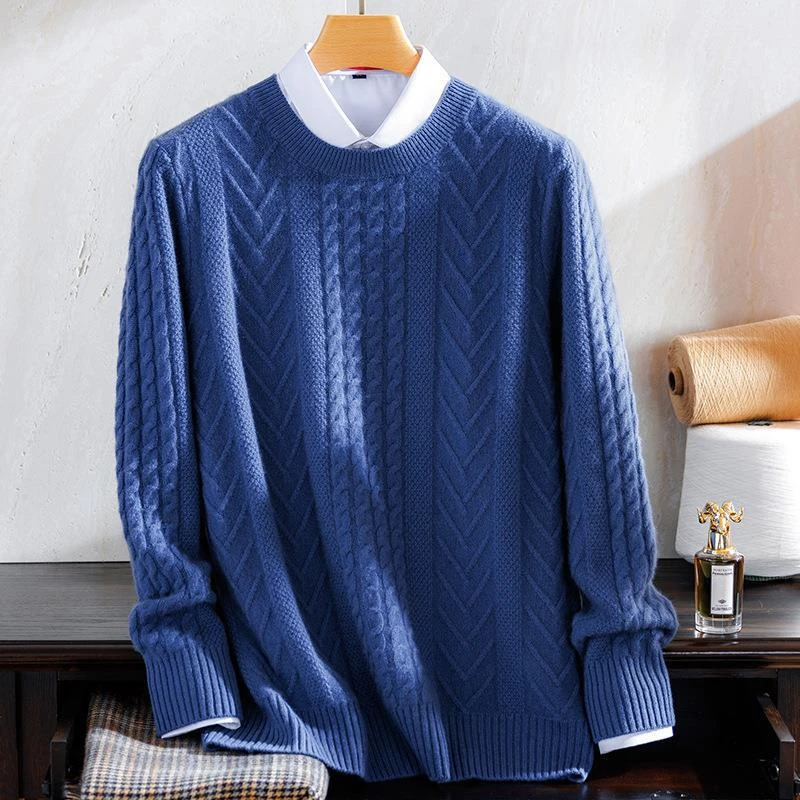 7针圆领绞花男士羊绒衫秋冬季100山羊绒套头加厚纯色休闲保暖毛衣