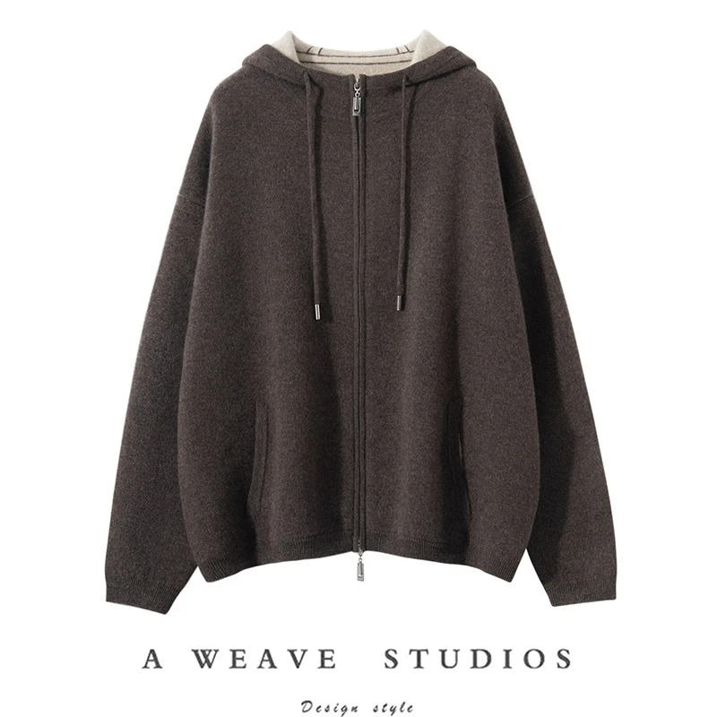 秋冬连帽卫衣纯山羊绒衫宽松针织外套两件套纯羊绒直筒小脚裤女士