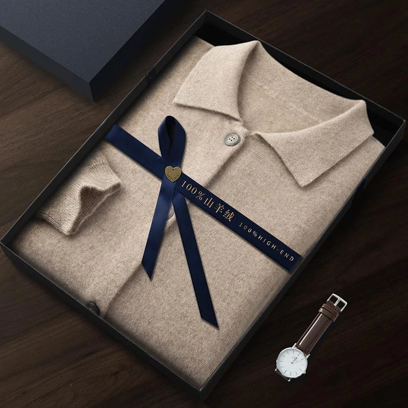 羊绒开衫男士100山羊绒衬衫领商务休闲纽扣毛衣针织衫加厚外套