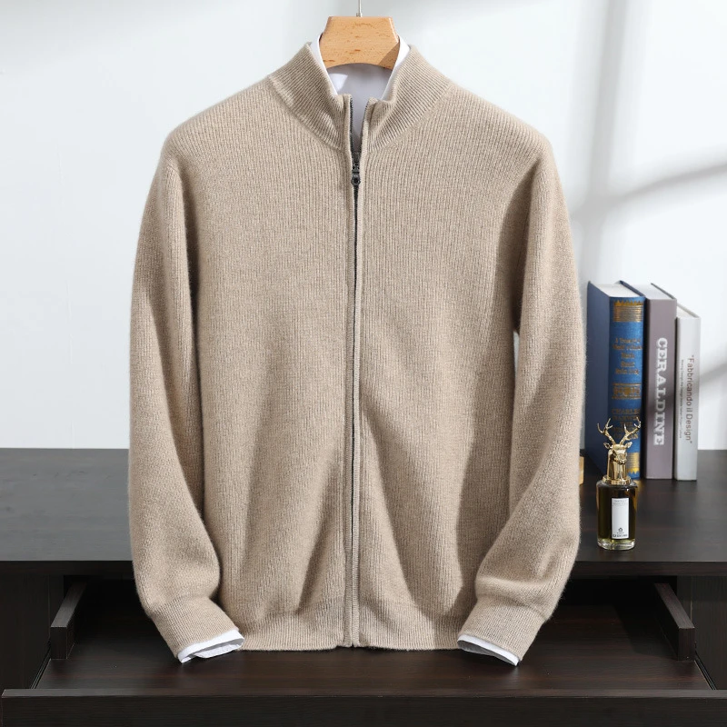 羊绒衫男士开衫100纯山羊绒秋冬元宝针加厚YKK拉链半高毛衣外套
