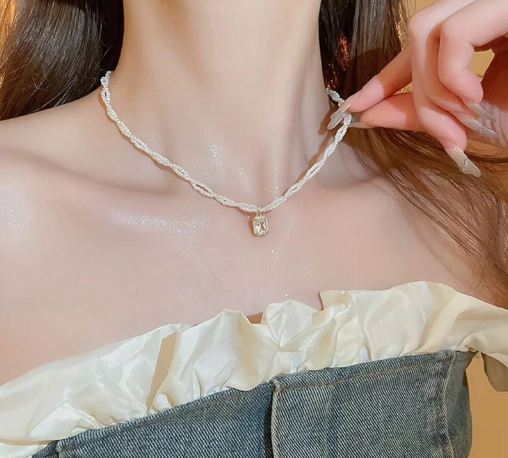 铜仿珍珠项链 【怦然心动】260方糖小米粒仿珍珠麻花项链