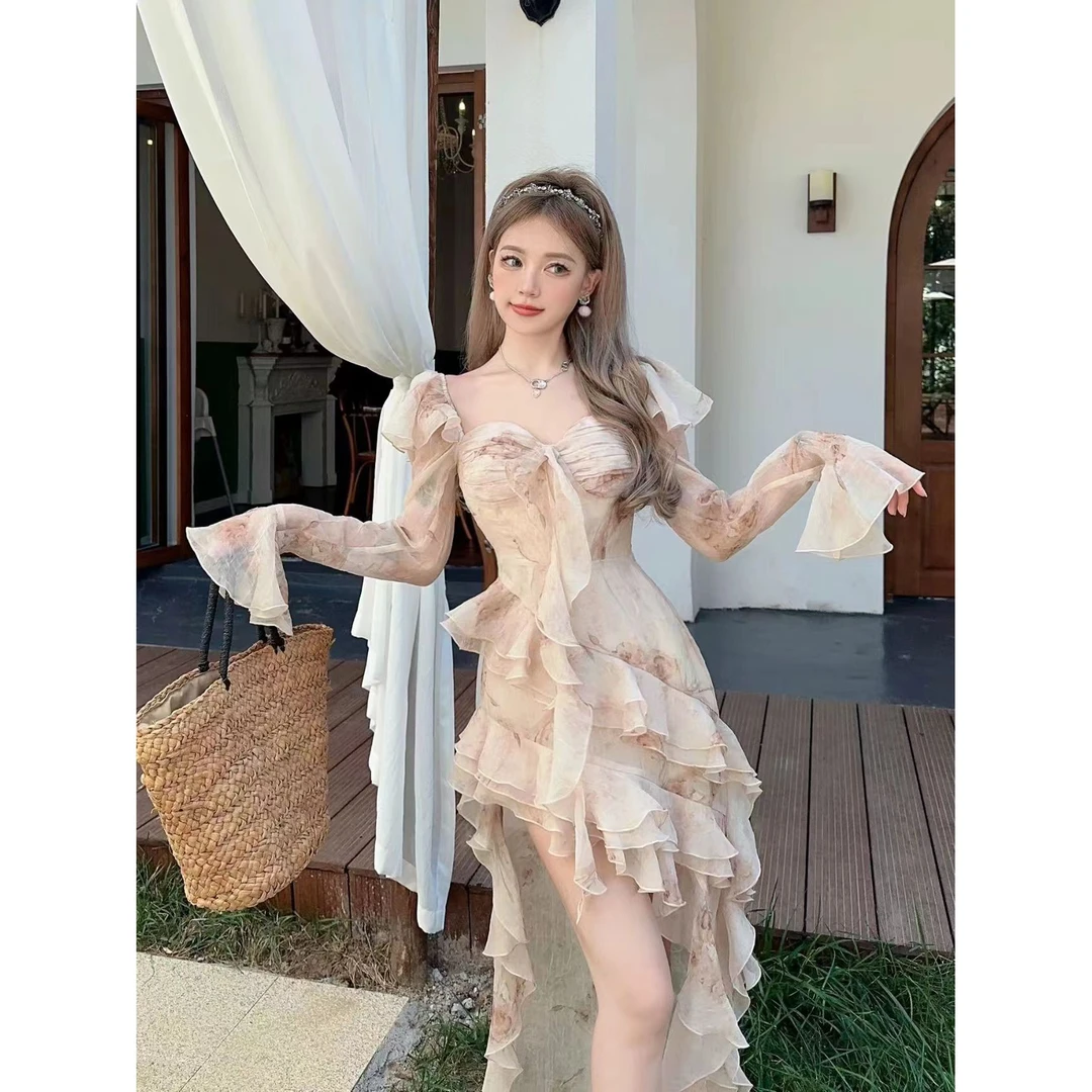 美神降临 绝美浪漫立体荷叶边肌理感晕染前短后长飘逸连衣裙