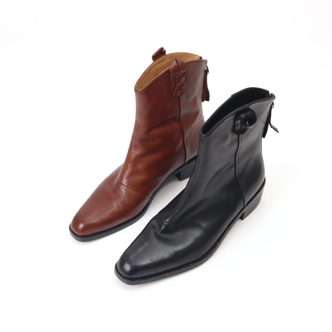 马皮粗跟短靴女尖头西部牛仔靴中跟真皮V口裸靴美拉德短靴8089-1