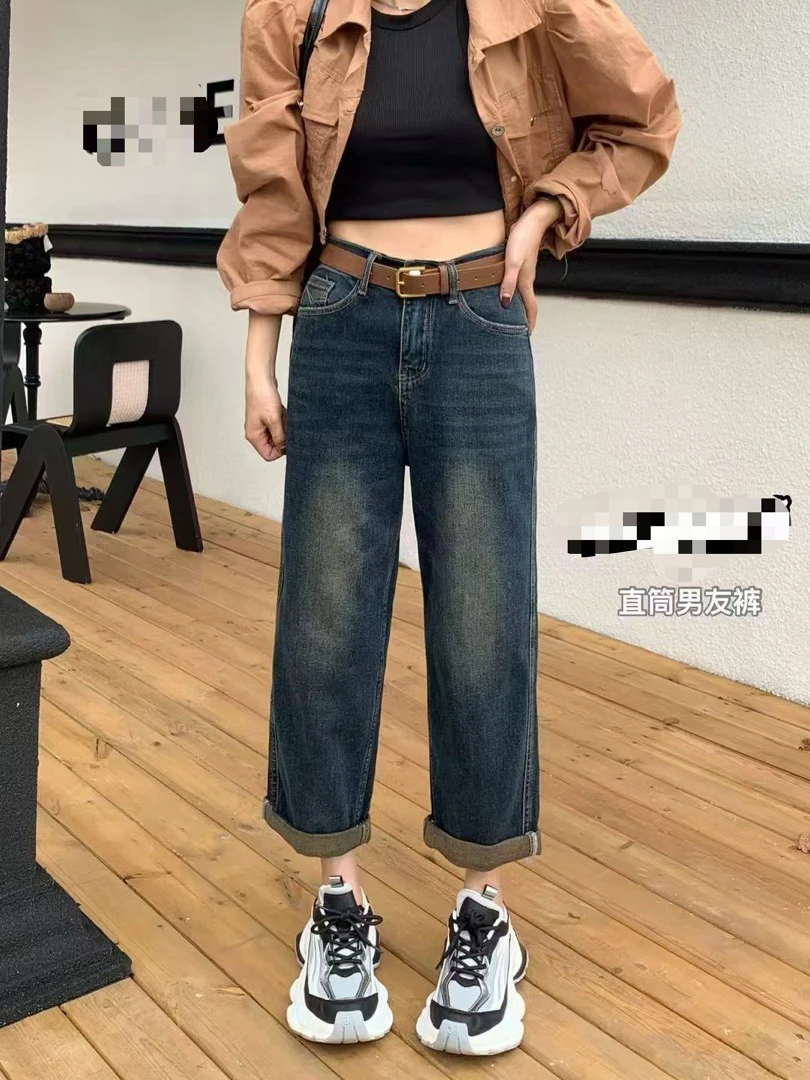 复古蓝直筒男友裤显瘦时尚百搭