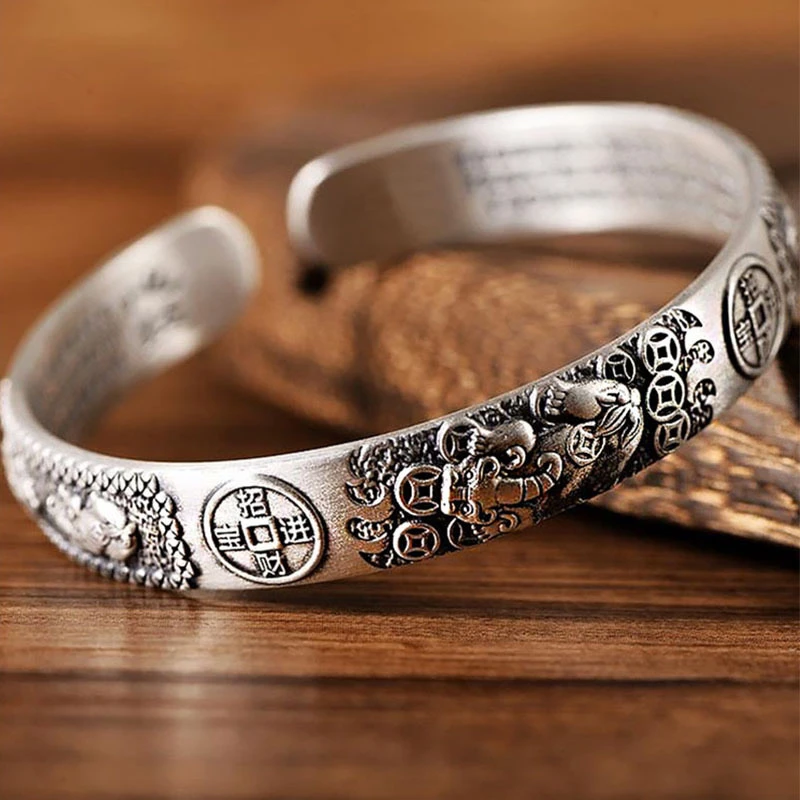 足银手镯 足银999经典个性复古男士貔貅心经手镯女款