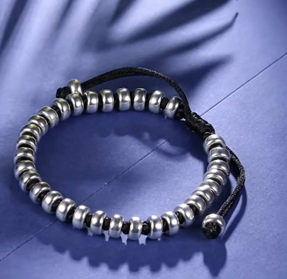 925银手链 S925纯银时尚编绳光珠手编百搭车轮珠手链