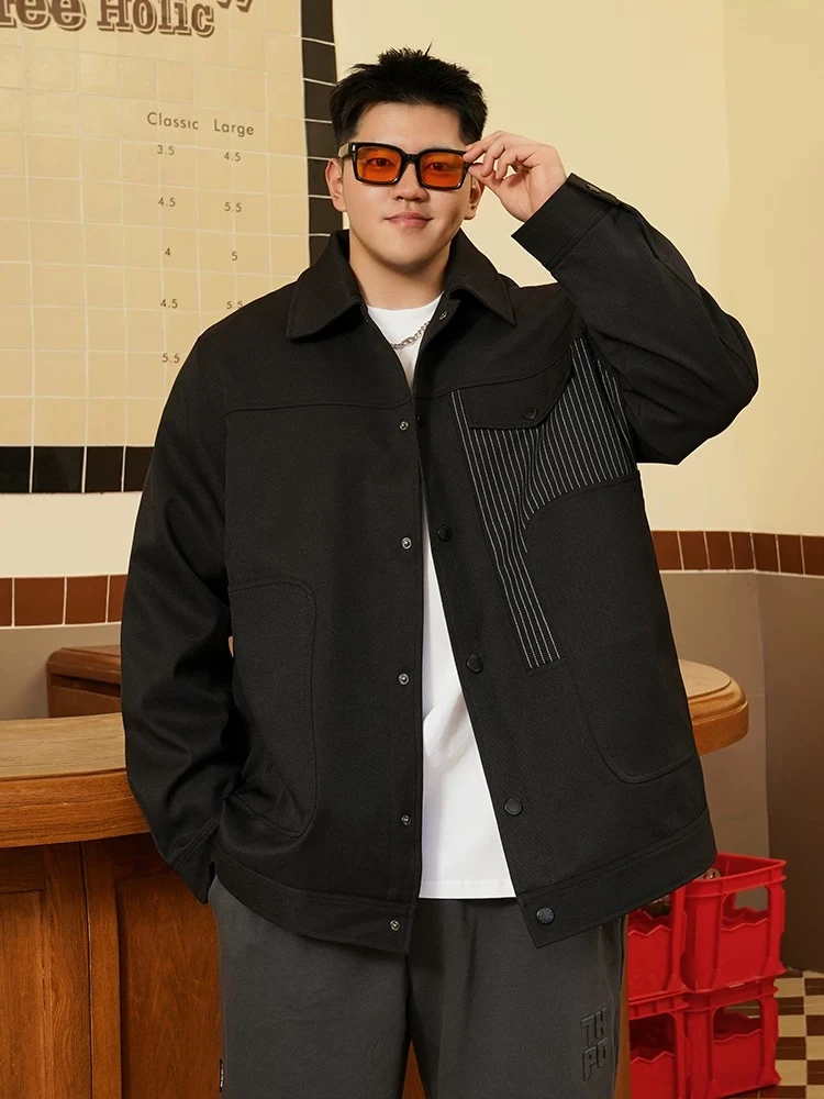 潮牌大码男装夹克春秋季休闲拼接外套翻领胖子牛仔加肥加大外套男