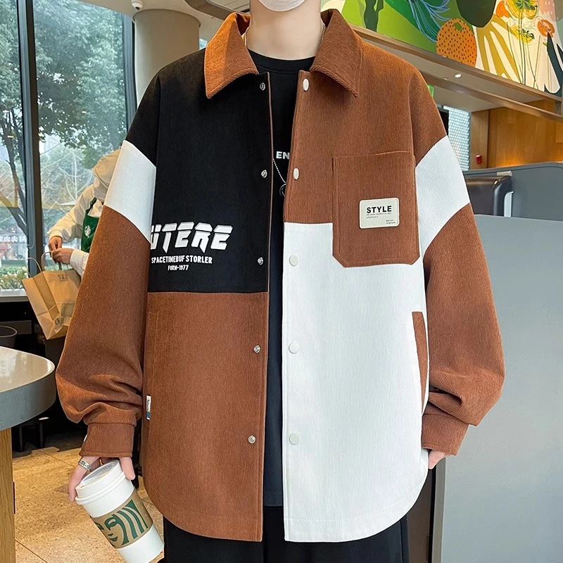 加大码撞色拼接情侣外套男春秋季新款潮流中学生衬衫宽松夹克男