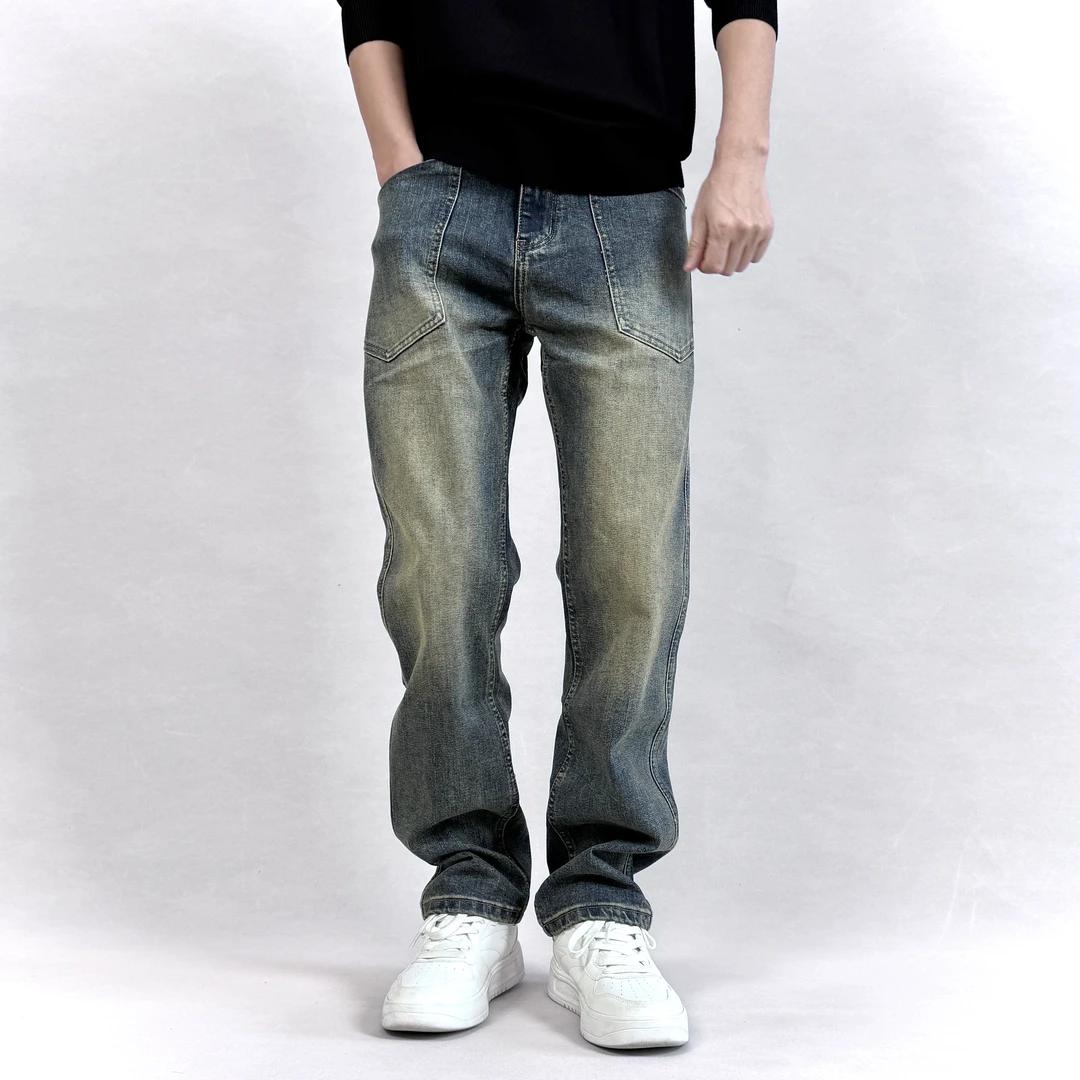 【标准宽松直筒】微弹设计感秋冬水洗做旧复古蓝牛仔裤男休闲百搭