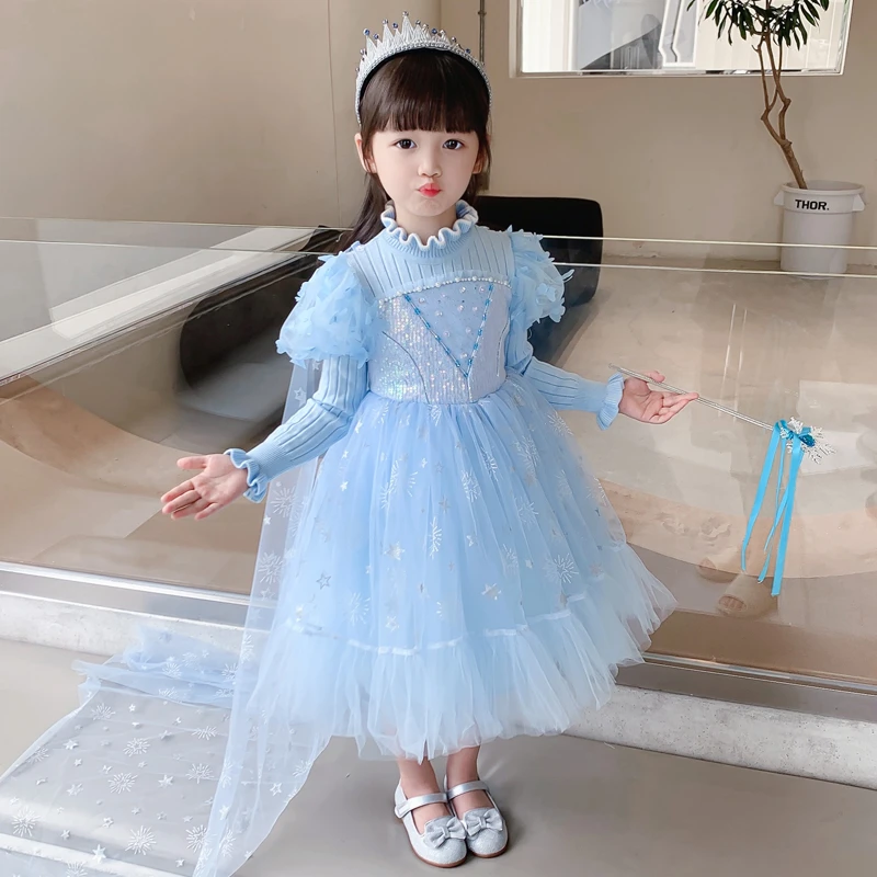 毛衣爱莎公主裙子女童秋冬季儿童装宝宝生日礼服泡泡袖春秋连衣裙