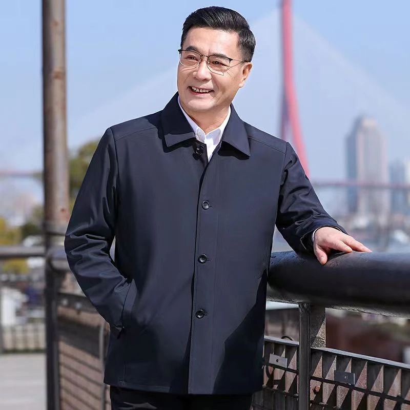 新款春秋高档中老年男士行政夹克爸爸商务休闲外套宽松免烫通勤装