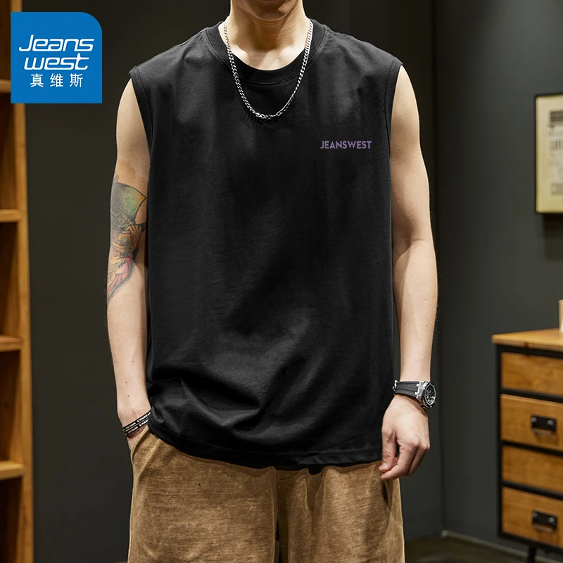 真维斯纯棉t恤背心男黑色坎肩男士无袖跨栏运动健身篮球男款汗衫