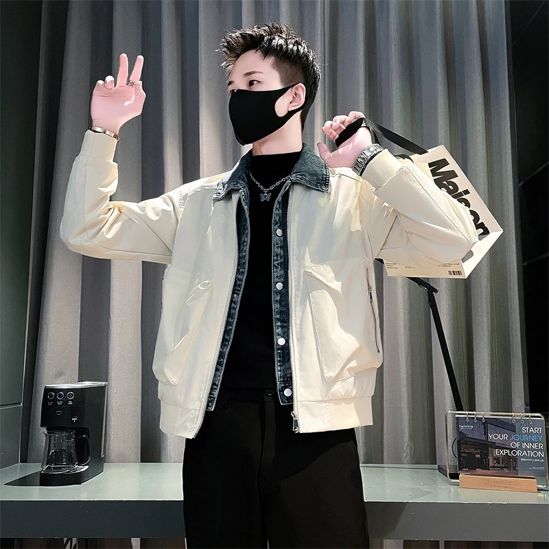 男士黑色春秋季假两件痞帅休闲褂子2025新款春秋韩版潮流工装夹克