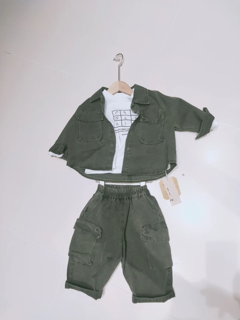 小童工装套装肆壹贰叁陆贰捌伍叁重工水洗纽扣开衫不包邮