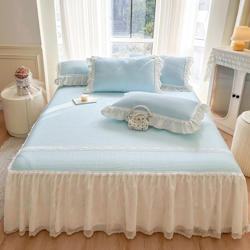 A类华夫格冰豆豆凉席三件套床裙款折叠公主风可水洗家用空调席