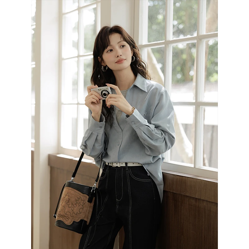 谜秀蓝色假两件衬衫女2024秋季长袖垂坠显瘦百搭宽松设计感上衣女