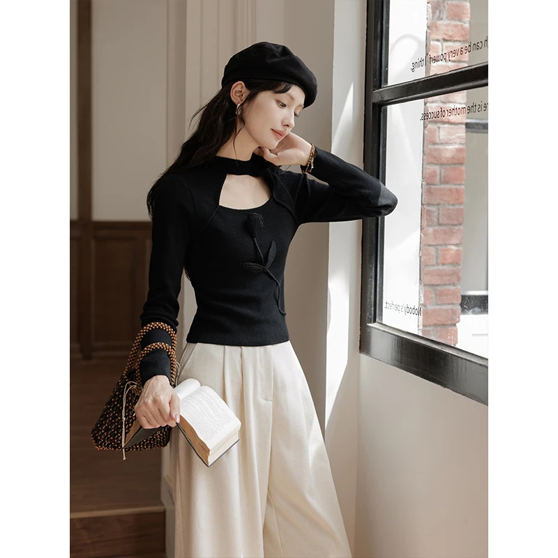 女装谜法式郁金香长袖针织衫女2024秋季新款女装设计感修身气质上