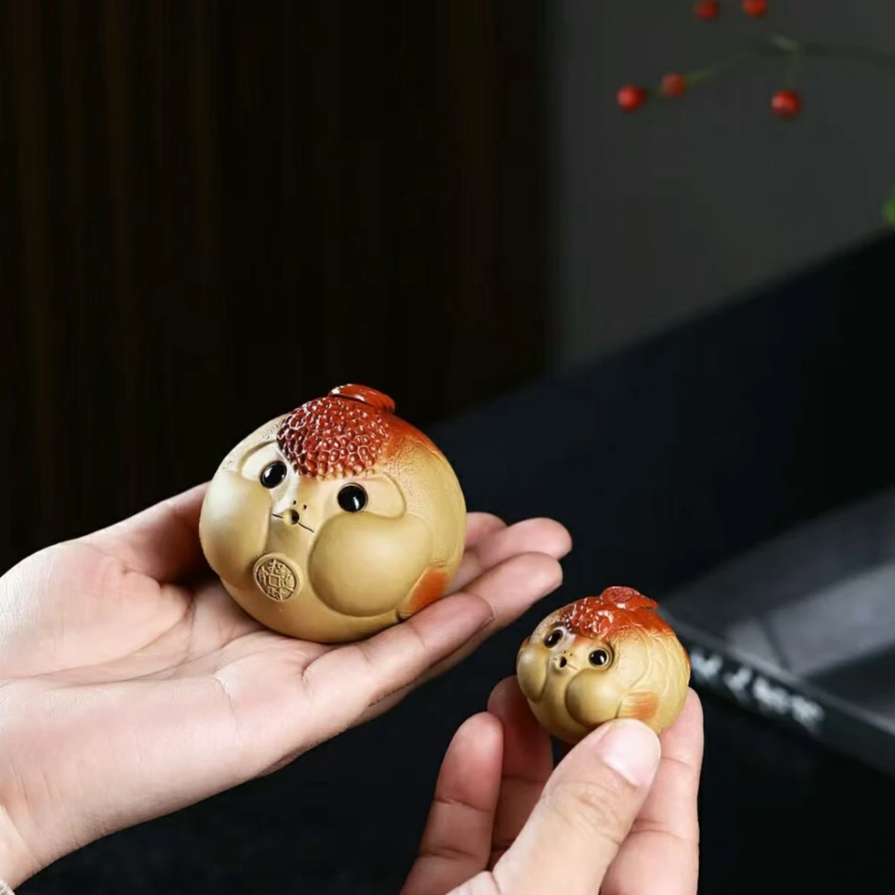 宜兴紫砂茶宠吐泡泡鸿运当头金鱼茶道小摆件创意趣味紫砂茶宠