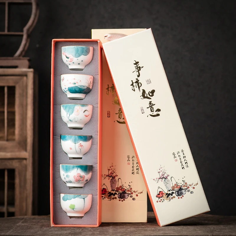 手绘荷花茶杯陶瓷功夫茶具白瓷主人杯单杯家用品茗杯喝茶礼盒装