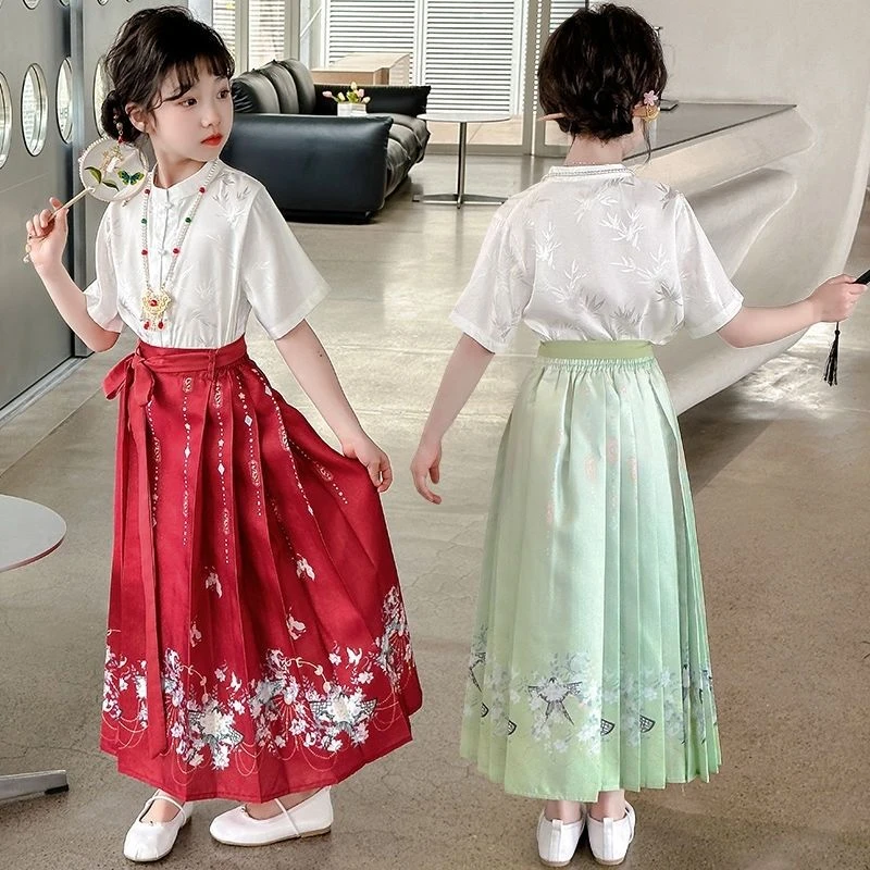 女童古风童装套装新款短袖儿童唐装中国2024汉服古装春夏季马面裙