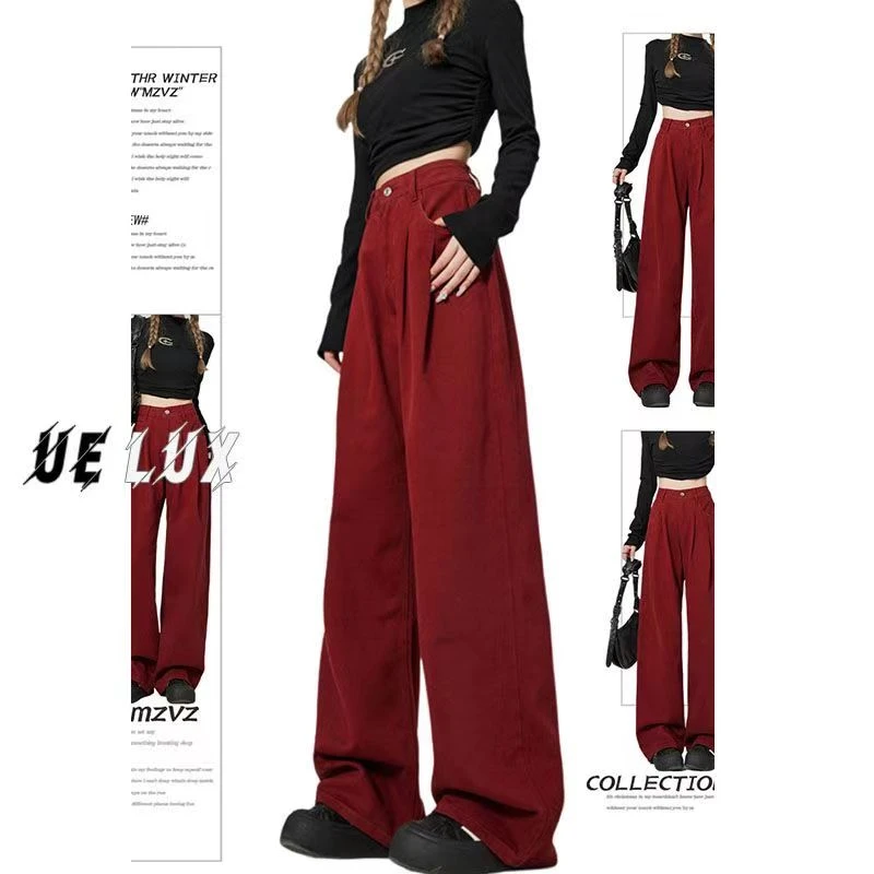 2024秋季新款打折设计感小个子窄版高腰直筒阔腿红色牛仔裤时尚