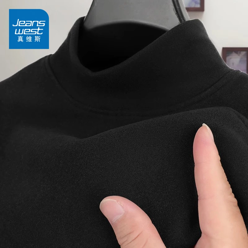 真维斯黑色加绒打底衫男秋冬季时尚内搭上衣双面德绒保暖长袖T恤