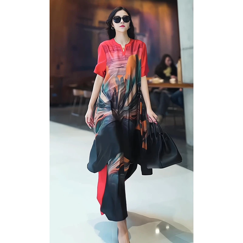 24新款气显瘦领印花上衣+松紧腰阔腿裤时尚套装文艺复古妈妈装