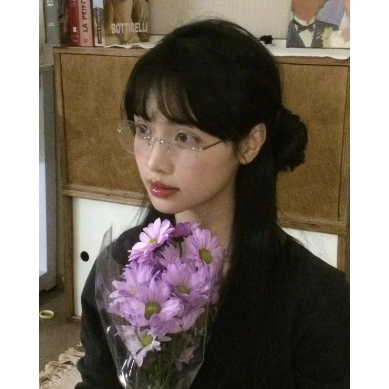 404的店金属斯文无框长方形眼镜凹造型时髦配度数高度近视男女酷