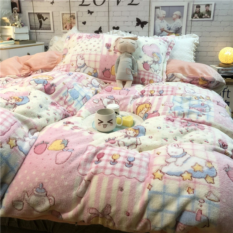 梦幻游乐场ins风冬季保暖雪花绒四件套牛奶绒被套少女宿舍三件套